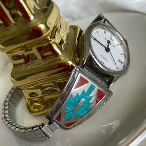 Woman's Vintage Sterling Silver & 2 Colored Turquoise Inlay Watch band